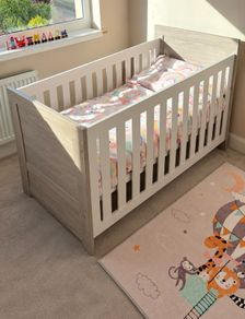 Obaby Nika Cot Bed in Grey Wash/White & Reylon Mattress