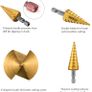 Step Drills,5PCS Step Cone Drill Bit Sets 50 Sizes ,Titanium Coate,Pagoda drill with Automatic Center Punch,Hex Shank,High Speed Step drill bits for Wood, Stainless Steel, Sheet Image 6