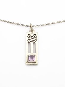 Signed British Mackintosh Style Sterling Silver & Amethyst Necklace, London 1999