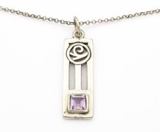 Signed British Mackintosh Style Sterling Silver & Amethyst Necklace, London 1999