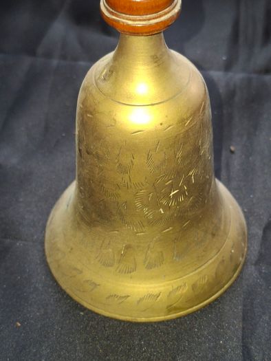 Vintage Brass School Bell with a turned wooden handle and a ring shaped top