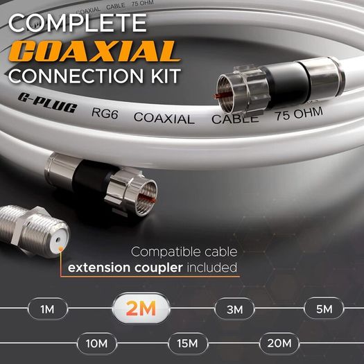 New: G-PLUG 2m RG6 Coaxial Cable Connectors Set - High-Speed Internet, Broadband and Digital TV Aerial, Satellite Cable Extension - Weather-Sealed Double Rubber O-Ring and Compression Connectors White