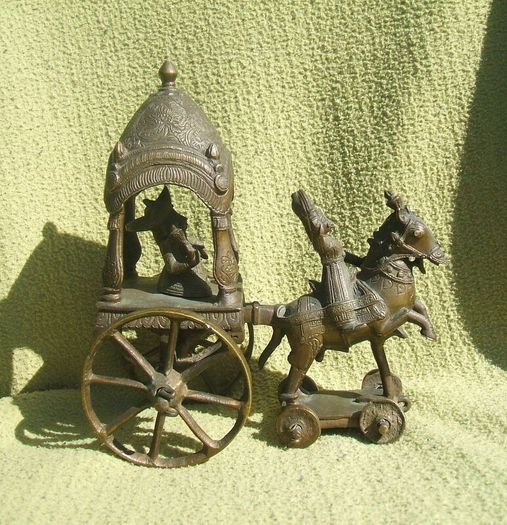 Antique INDIAN BRONZE TEMPLE TOY (Kutch style) - an exceptionally fine example with horse and rider with carriage (c.19th century)