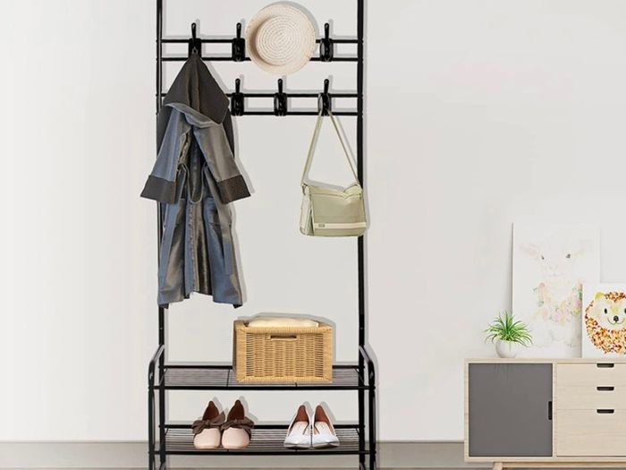 Coat Rack Stand with Shoe Rack and Removable 16 Hooks Free Standing Hall Tree Matte Steel Frame Hat Rack Coat Stand for Storage MULTIPLE COLOURS AVAILABLE (FREE POSTAGE)