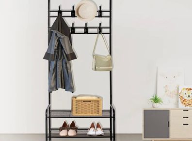 Coat Rack Stand with Shoe Rack and Removable 16 Hooks Free Standing Hall Tree Matte Steel Frame Hat Rack Coat Stand for Storage MULTIPLE COLOURS AVAILABLE (FREE POSTAGE)