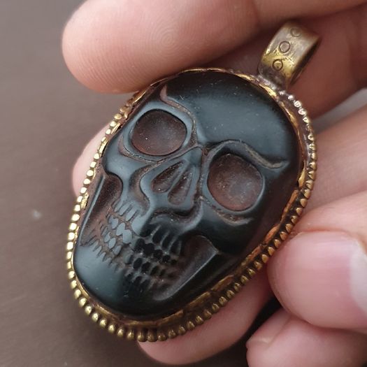 Vintage Gold Plated brass Floral Desgin &carved Skull shape Jade Pendant