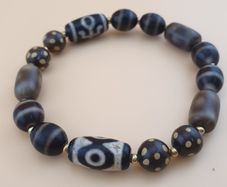 Vintage Himalayan Tibetan Eye Stripe Agate Beads With dotted Decorated Beads Bracelet