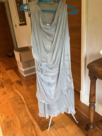 Grey wedding suit with slip dress and matching cardigan