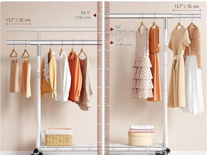 Clothes Rail Heavy Duty, Extendable & Adjustable Clothing Hanging Rails, Clothing Rack Coat Rail with Lockable Wheels & Shelves for Bedroom Living Room, White