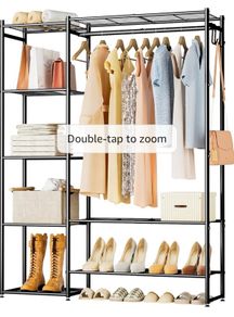 Clothes Rail with Shelves Metal Wardrobes for Bedroom Clothing Rack Open Wardrobe, With 4 Tiers Shelves, Portable & Free Standing, Clothes Rails for Bedroom