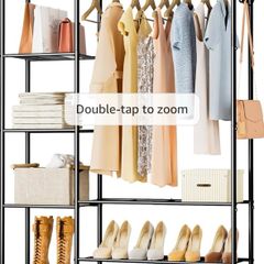 Clothes Rail with Shelves Metal Wardrobes for Bedroom Clothing Rack Open Wardrobe, With 4 Tiers Shelves, Portable & Free Standing, Clothes Rails for Bedroom