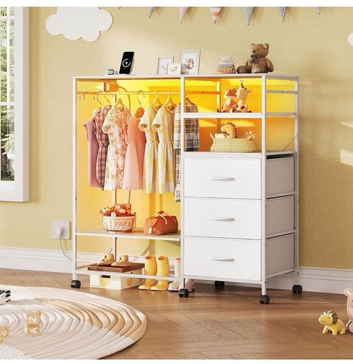 White Chest of Drawers with LED & Charger, Fabric Open Wardrobe 3 Large Drawers & Reversible Coat Hanging Rod &3 Open Shelves & Side Hooks, Lockable Wheels, Height-adjustable Base Shelf