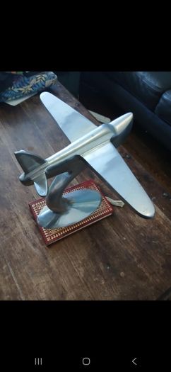 Art Deco style polished vintage aluminum airplane desk model,