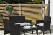 4 Piece Rattan Garden Furniture Sofa Set with Loveseat, Armchairs, Glass-Top Coffee Table and Cushions, Black