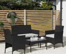 4 Piece Rattan Garden Furniture Sofa Set with Loveseat, Armchairs, Glass-Top Coffee Table and Cushions, Black