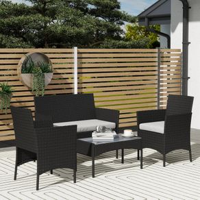 4 Piece Rattan Garden Furniture Sofa Set with Loveseat, Armchairs, Glass-Top Coffee Table and Cushions, Black