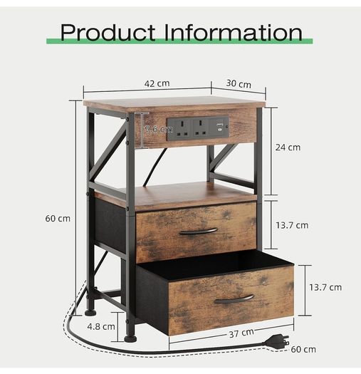 2 PCS Bedside Table with Power Strip, Bedside Cabinet with 2 Drawers, Bed Side Table for Bedroom, Night Stand, 2 AC Outlets, & 2 USB Ports, Side Table with Metal Frame, Rustic Brown