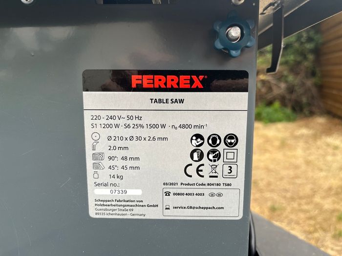 Aldi Ferrex 8" 220 - 240V 50Hz 1200W Table Saw - TS80 91891