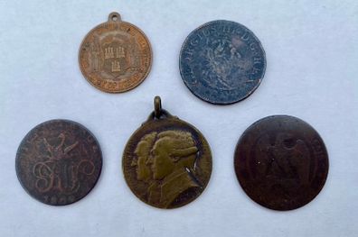 Collection of 5 antique coins / medals -  1800-1907