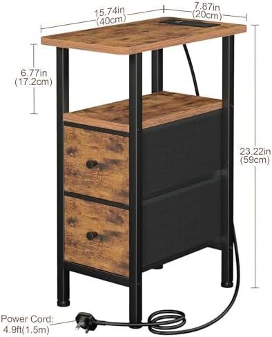 Slim Bedside Table Set of 2 with Charging Station, Narrow Side Table with 2 Fabric Drawers, End Table with Open Storage Shelf, Nightstand for Small Spaces, Living Room, Brown