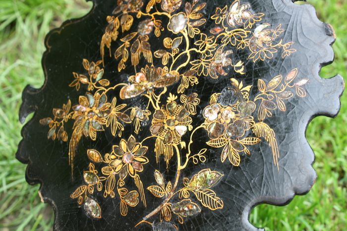 19th Century English Chinoiserie Papier Mache Wine Coaster Tray and Mid 19th Century English Victorian Period Papier Mache Tray with Mother-of-Pearl