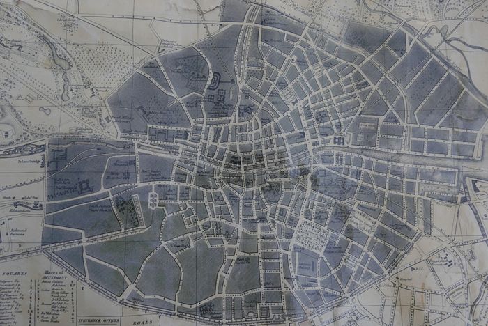 Antique DUBLIN. Map of Dublin & Suburbs with 22 vignettes of Dublin landmarks. Published by Edward Heffernan, 1st June, 1868, 12 Charleville Road, Rathmines. 28" x 22,5". Linen backed. Frayed at edges