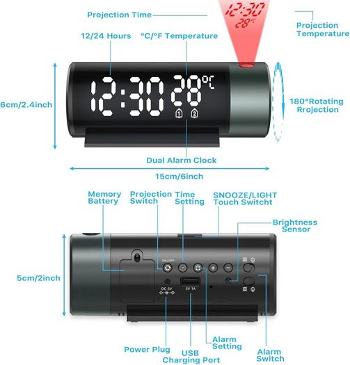 Digital Projection Alarm Clock with 180 Rotatable Projector, Dual Alarm, 12/24H, Snooze, 4-Level Dimmer for Bedrooms