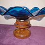 Unique hand blown cobalt blue candy dish with wood base Image 6