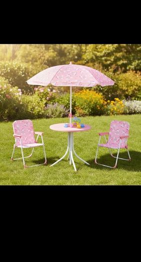 Kids table set. Outdoor furniture set. Kids camping set. 4-Piece set: Kids ensemble with 2 folding chairs, table and parasol. Picnic table.