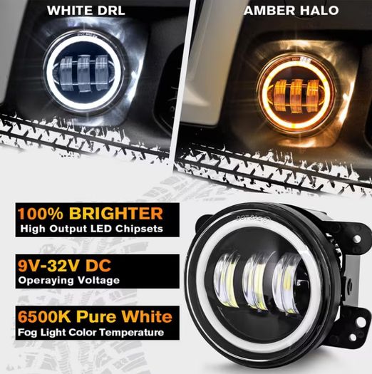 4-Inch LED Fog Lights Featuring White Angel Eyes Halo Rings,