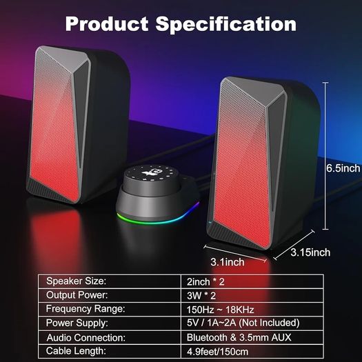 C30 Bluetooth PC Speakers for Desktop Computer, Monitor, Laptop, Gaming, 3.5mm Aux input, USB Powered, Colourful LED Lighting, Stereo 2.0, 1 Pair