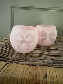 New set of 2 frosted glass mini hurricane vases with bow detail in blush