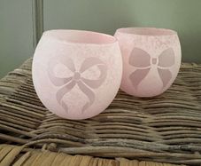 New set of 2 frosted glass mini hurricane vases with bow detail in blush