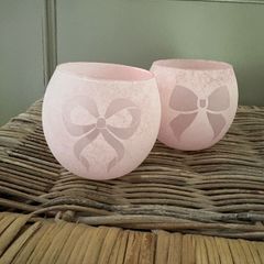 New set of 2 frosted glass mini hurricane vases with bow detail in blush