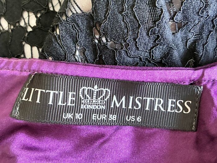 Ladies Sleeveless Pencil Dress Purple Bodice, with Black Floral Lace Skirt from Little Mistress