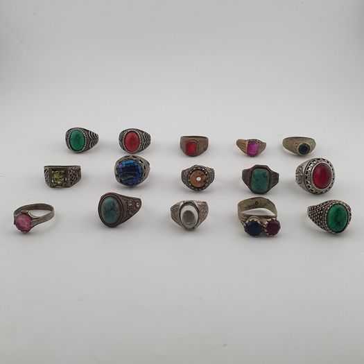 Antique Ring Lot 15 Mixed Brass, Stone & Glass Rings