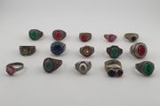 Antique Ring Lot 15 Mixed Brass, Stone &amp; Glass Rings