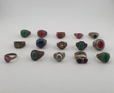 Antique Ring Lot 15 Mixed Brass, Stone & Glass Rings