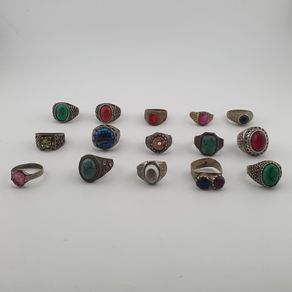 Antique Ring Lot 15 Mixed Brass, Stone & Glass Rings
