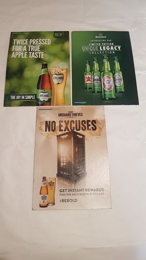 3 x advertising show cards ,,nice condition,,collectors item,,price includes post to anywhere in ireland thank you, take as is,some wear ,,applemans,Heineken, orchards thieves,,