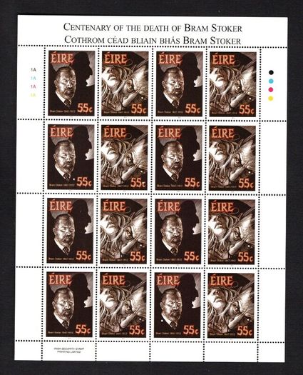 2012 Ireland Death Centenary of Bram Stoker (Dracula) Commemorative Stamps Sheetlet Plate 1A1A1A1A Mint Never Hinged (MNH)