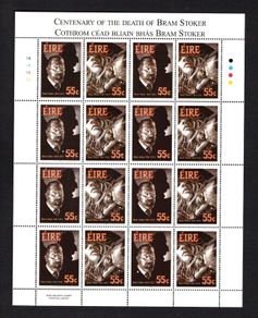 2012 Ireland Death Centenary of Bram Stoker (Dracula) Commemorative Stamps Sheetlet Plate 1A1A1A1A Mint Never Hinged (MNH)