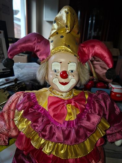 Beautiful Large Vintage Collectible Clown Jester Doll Hand Painted Porcelain Face, Hands, and Feet,