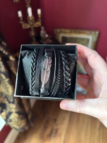 black multi-layer braided faux leather bracelets with feather charm