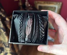 black multi-layer braided faux leather bracelets with feather charm