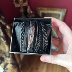 black multi-layer braided faux leather bracelets with feather charm