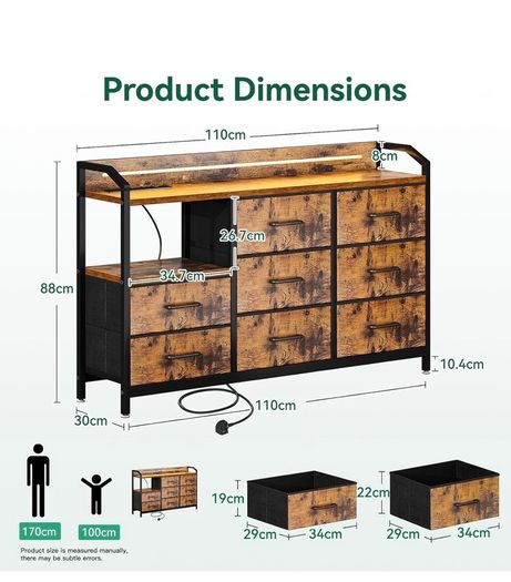 Chest of Drawers Bedroom, 8 Fabric Drawers, 110x30x88cm, Retro Color