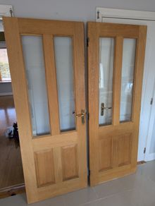 Pair of Heavy Oak Glazed Internal Double Doors