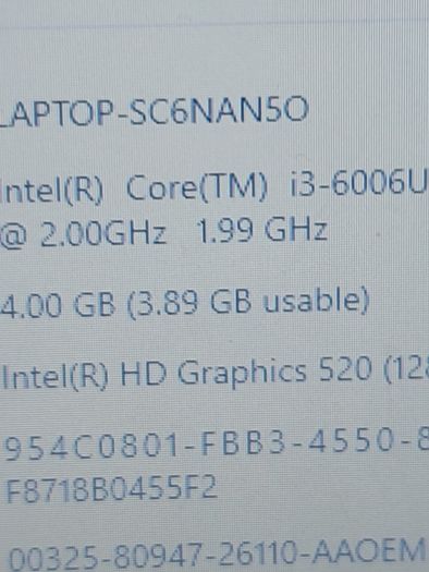 HP Laptop, TPN-Q189, Intel Core i3-6006U CPU, 2.0 GHz, 4GB Ram, 500GB HDD, Windows 10, Microsoft Edge, Chrome and VLC