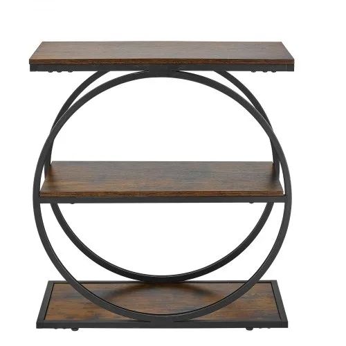 End Table, 3-Tier Narrow Side Table with Open Storage Shelves, Modern Nightstand Bedside Desk with Round Metal Frame, Wood Sofa Coffee Desk for Living Room, Bedroom, Office, Rustic Brown